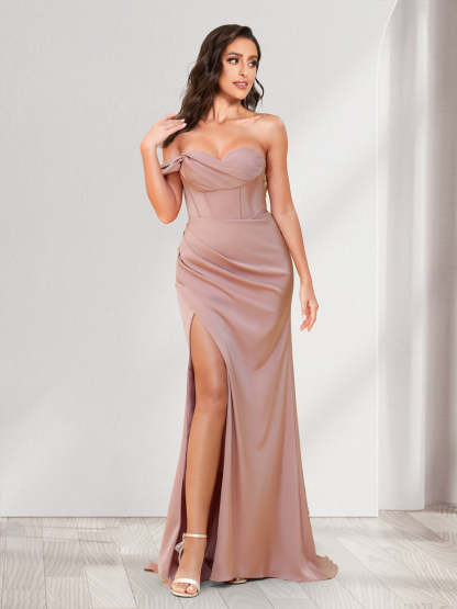 Trumpet/Mermaid One Shoulder Floor Length Ruched Bridesmaid Dresses with Split Side