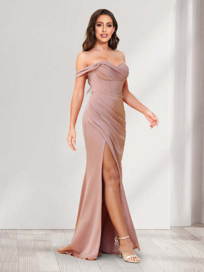 Trumpet/Mermaid One Shoulder Floor Length Ruched Bridesmaid Dresses with Split Side