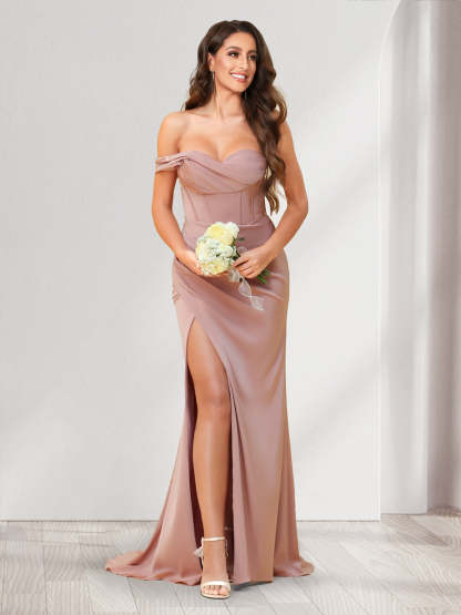 Trumpet/Mermaid One Shoulder Floor Length Ruched Bridesmaid Dresses with Split Side