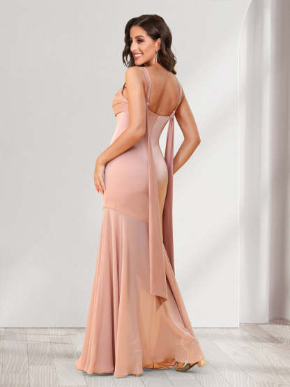 Trumpet/Mermaid Square Neck Floor-Length Ruched Bridesmaid Dresses With Shoulder Sash Tie