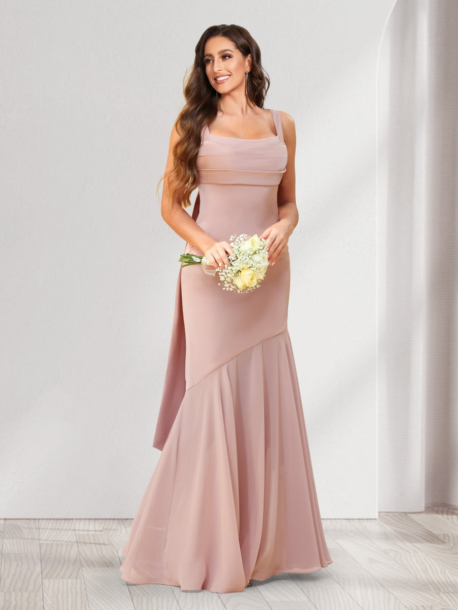 Trumpet/Mermaid Square Neck Floor-Length Ruched Bridesmaid Dresses With Shoulder Sash Tie