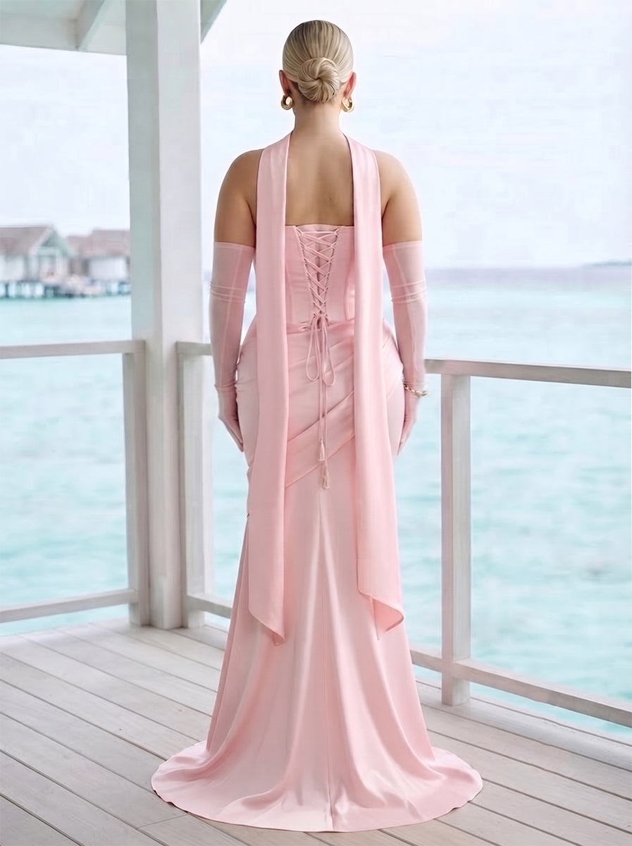 Trumpet/Mermaid Strapless Sleeveless Floor-Length Plus Size Bridesmaid Dresses with Scarf & Ruched