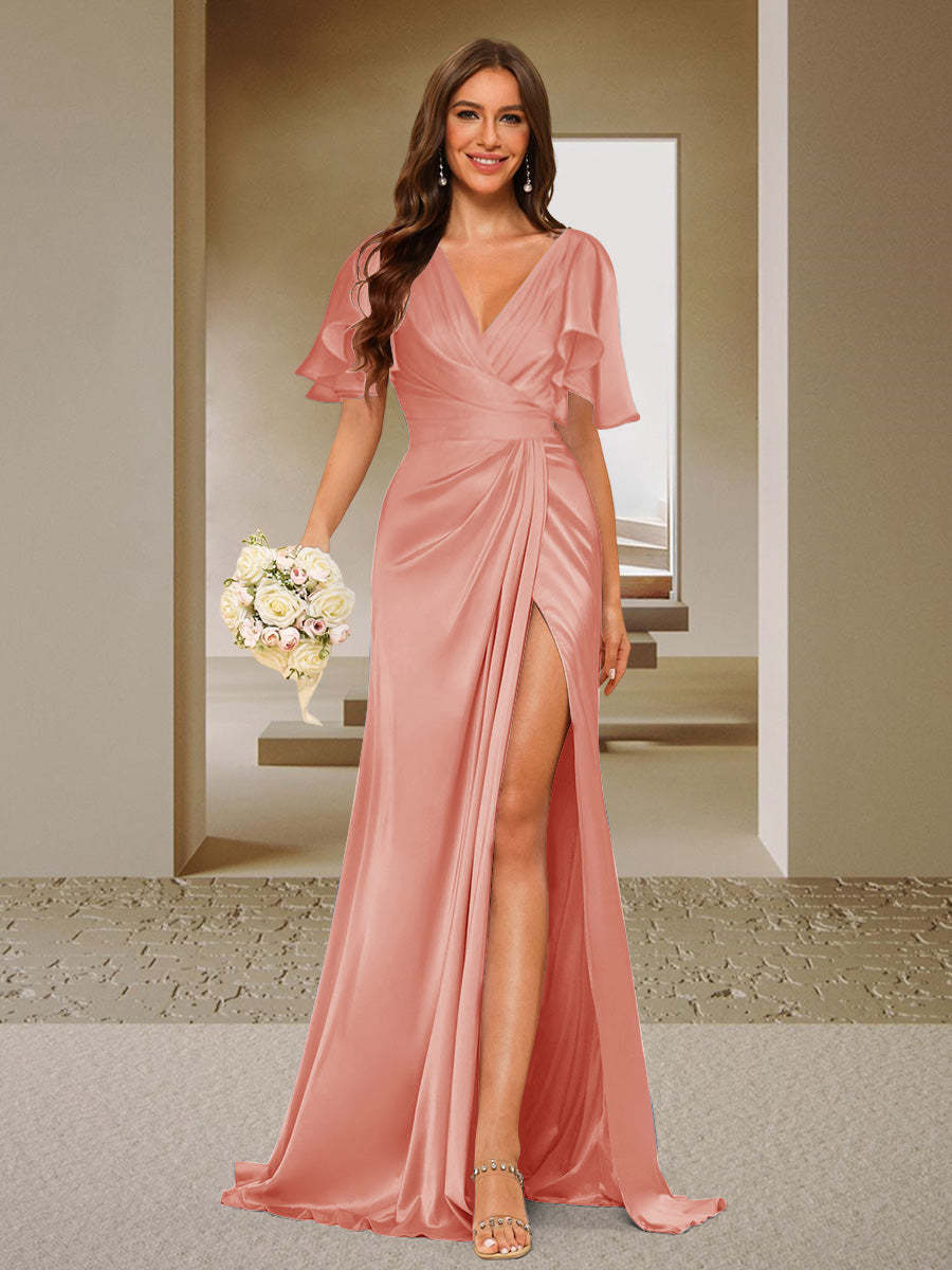 Trumpet/Mermaid V-Neck Short Sleeves Ruched Bridesmaid Dresses with Split Side & Ruffles