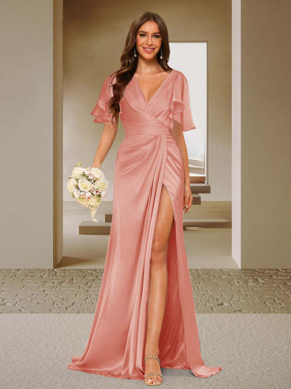 Trumpet/Mermaid V-Neck Short Sleeves Ruched Bridesmaid Dresses with Split Side & Ruffles
