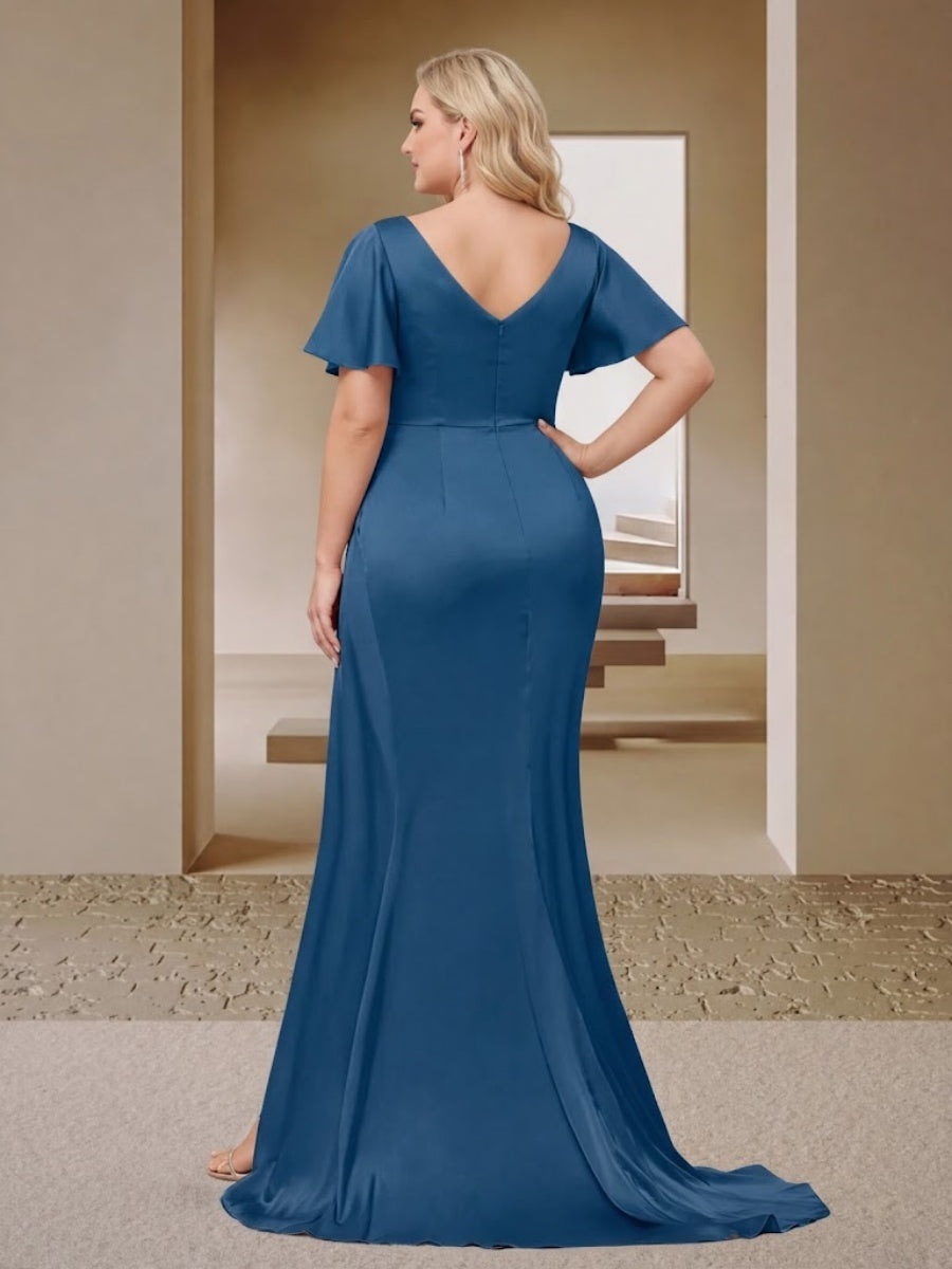 Trumpet/Mermaid V-Neck Short Sleeves Ruched Plus Size Bridesmaid Dresses with Split Side & Ruffles
