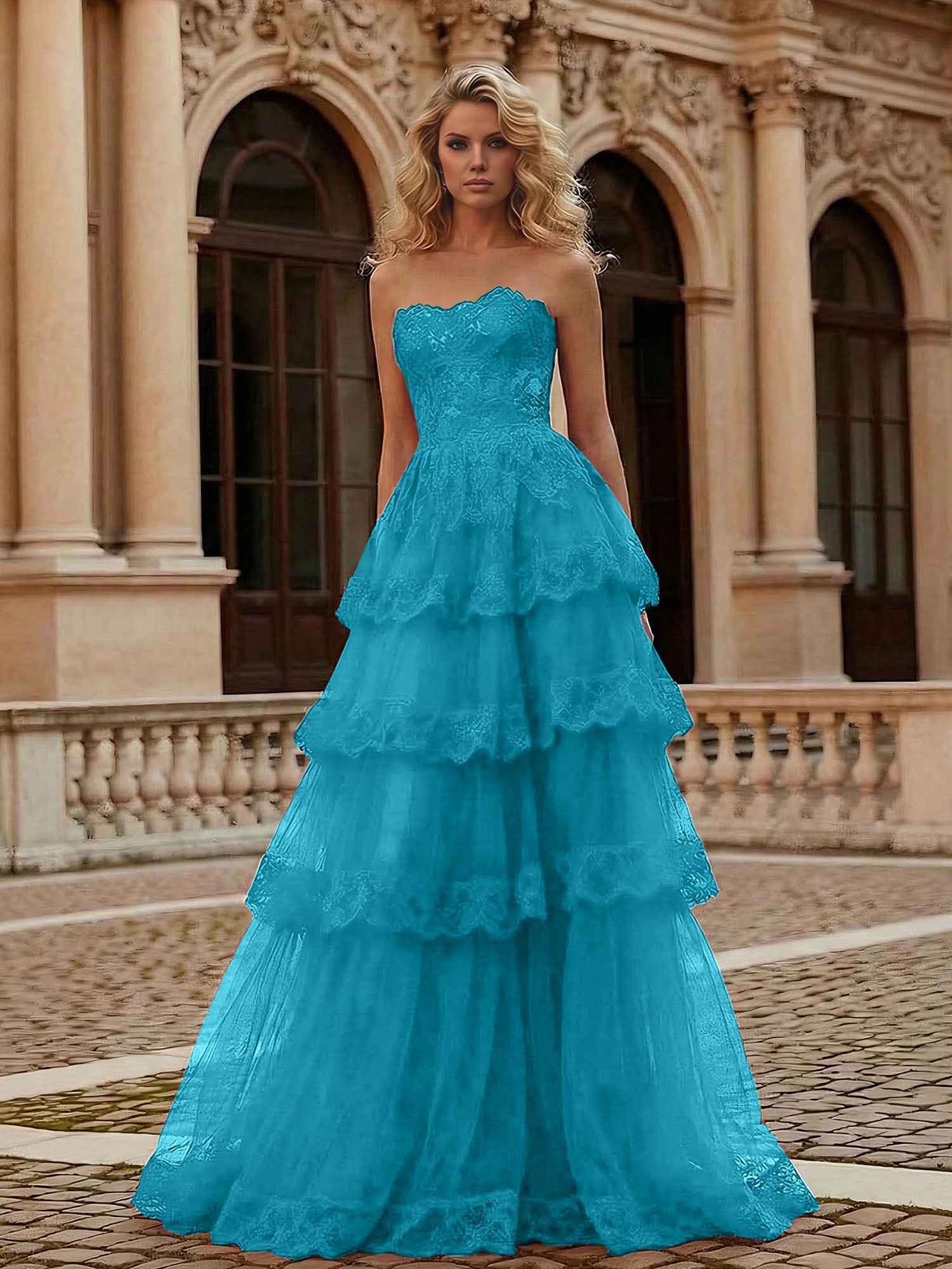 Red Tiered Tulle Strapless Lace Bodice A-Line Long Prom Dress