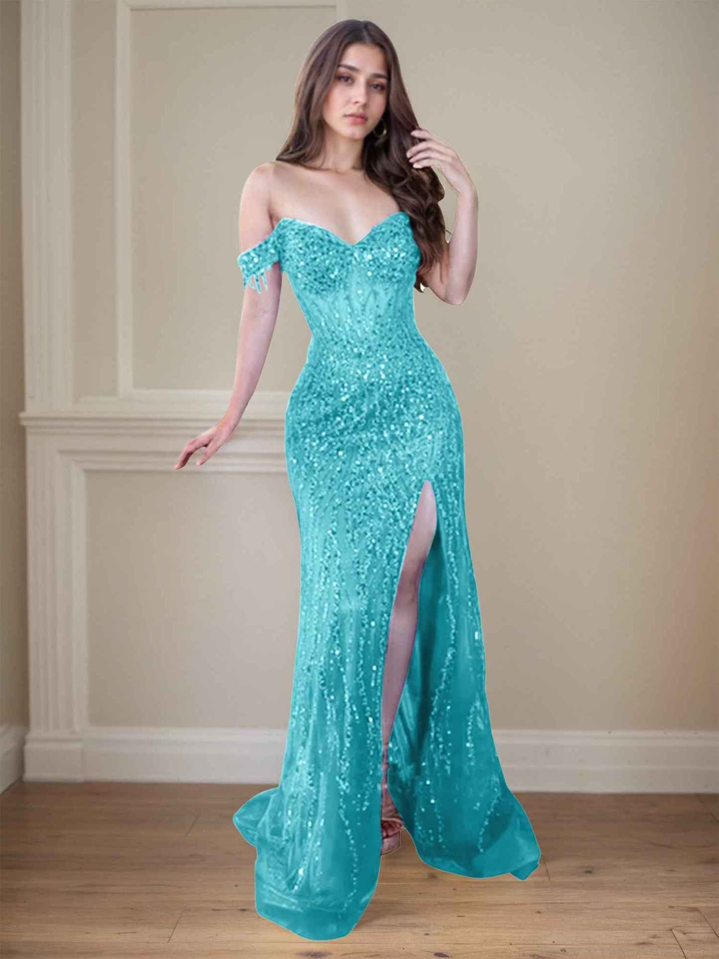 Red Off-the-Shoulder Beaded Tulle Long Prom Dress with Swirling Sequins