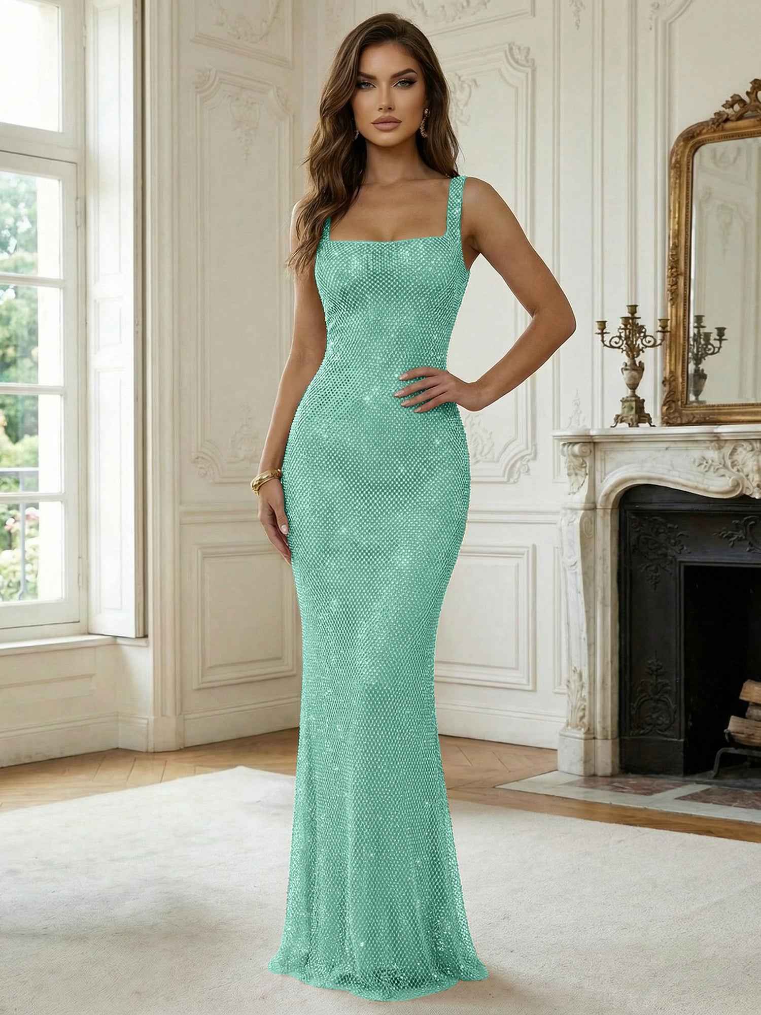 Crystal-Embellished Mermaid Long Prom Dress with Square Neckline