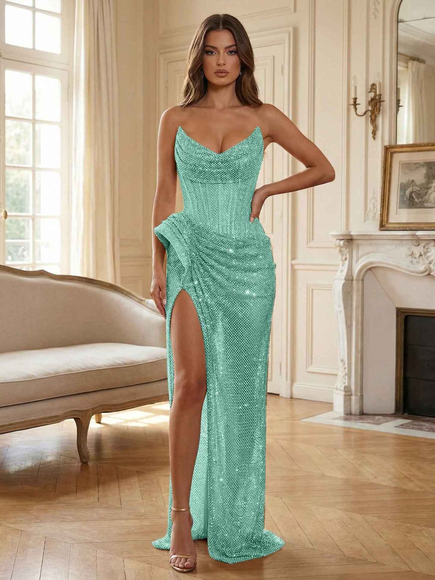 Champagne Gold Crystal-Embellished Corset Long Prom Dress with Slit
