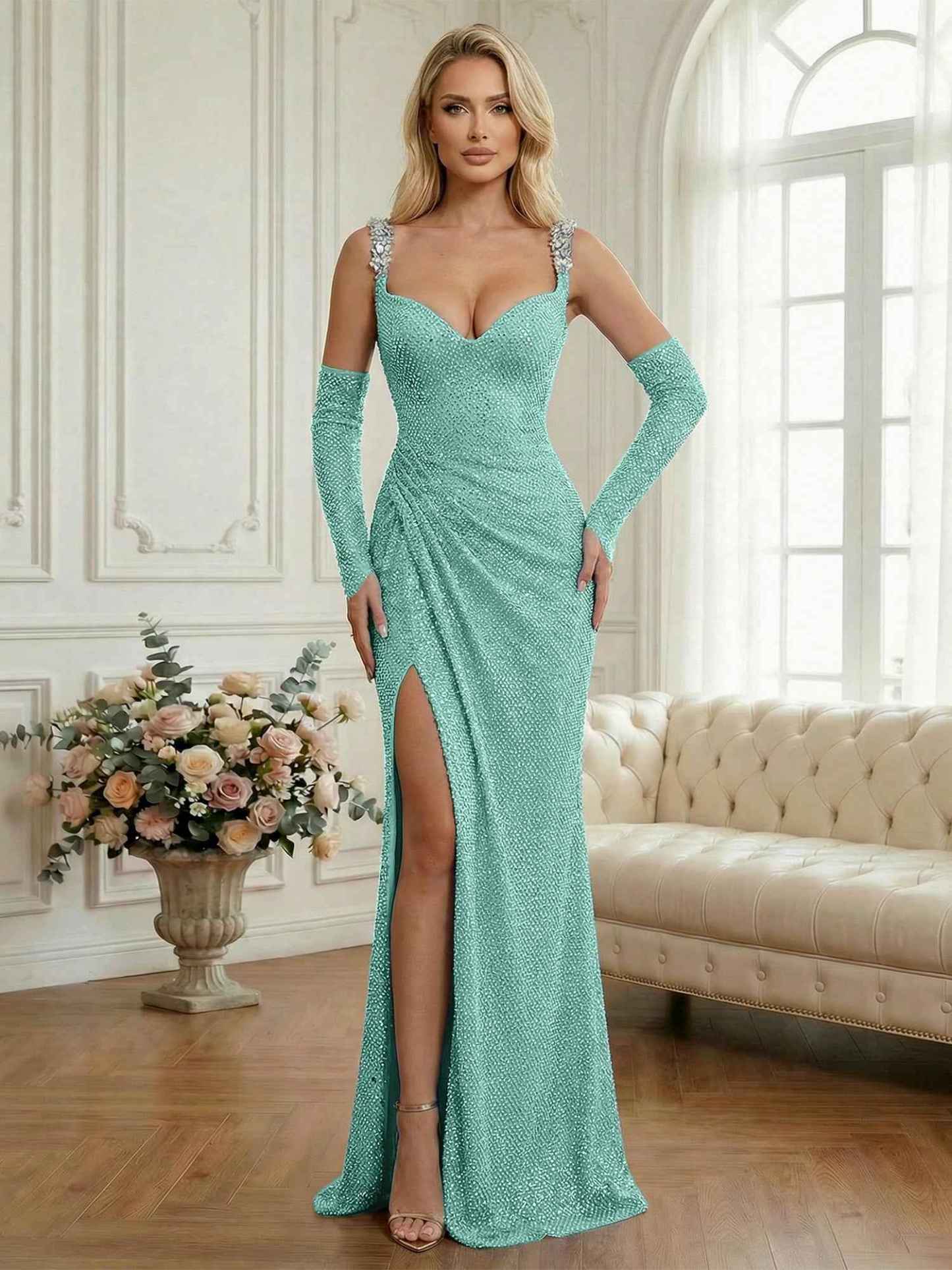 Light Blue Sequin Mermaid Matching Opera Gloves Long Prom Dress with Slit