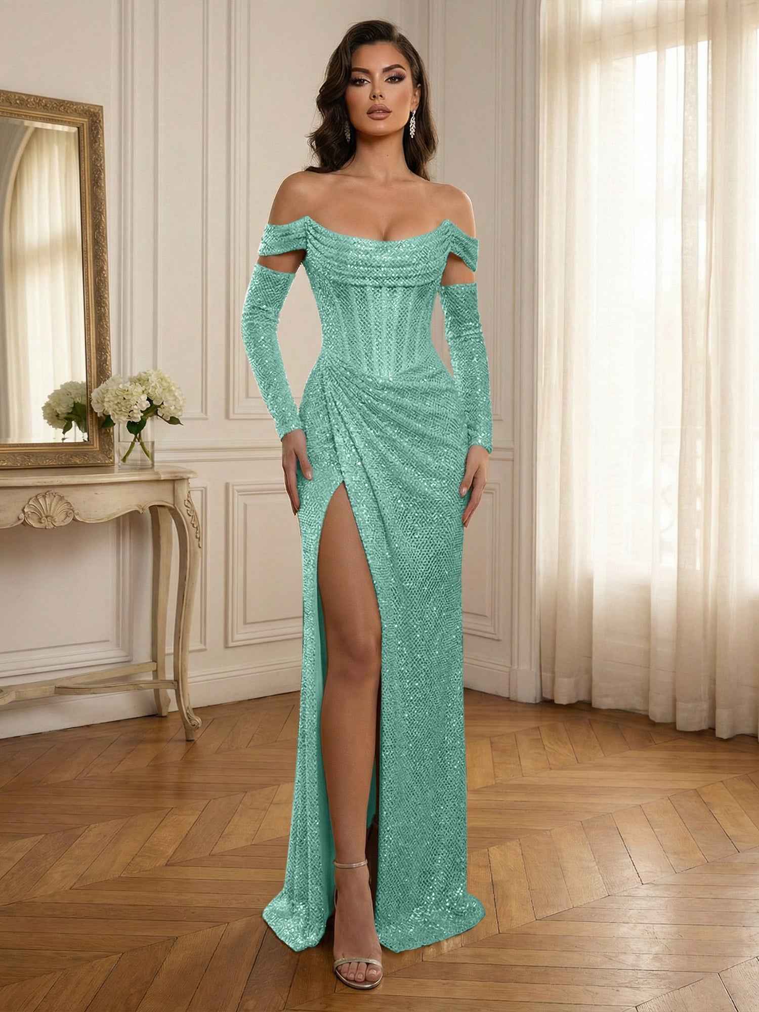 Silver Sequin Off-the-Shoulder Long Sleeves Corset Prom Dress with Slit
