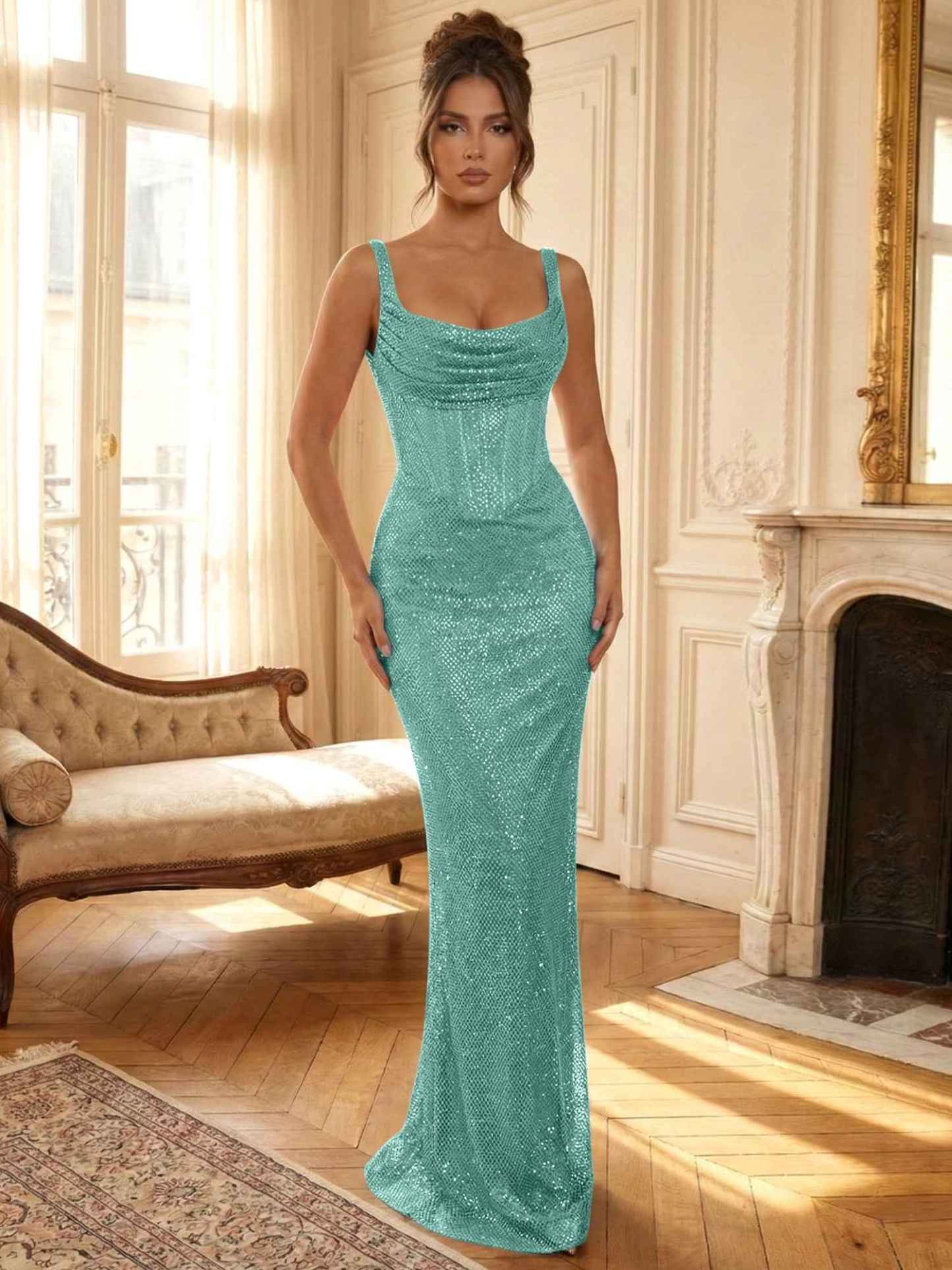 Sparkly Blue Shimmer Cowl Neck Corset Prom Dress