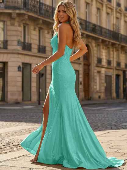 Yellow Beaded Halter Corset Prom Dress with High Slit