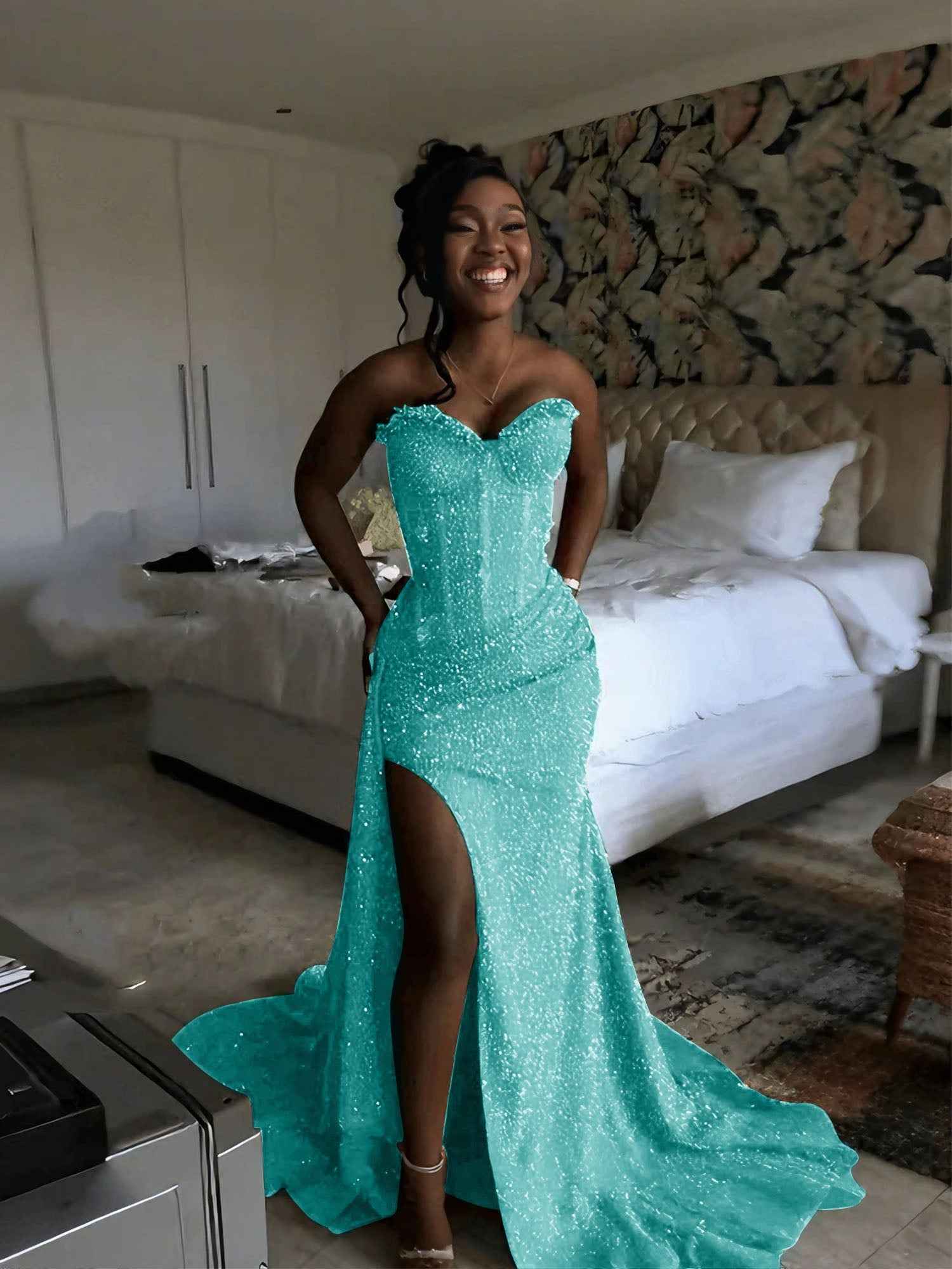 Glitter Strapless Mermaid Sequined Long Prom Dress with Slit