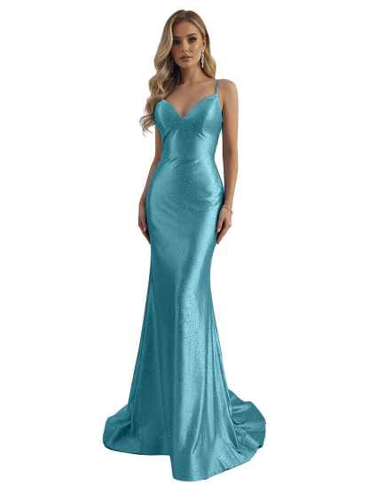 Blue Mermaid Spaghetti Straps V-Neck Rhinestone Long Prom Dress