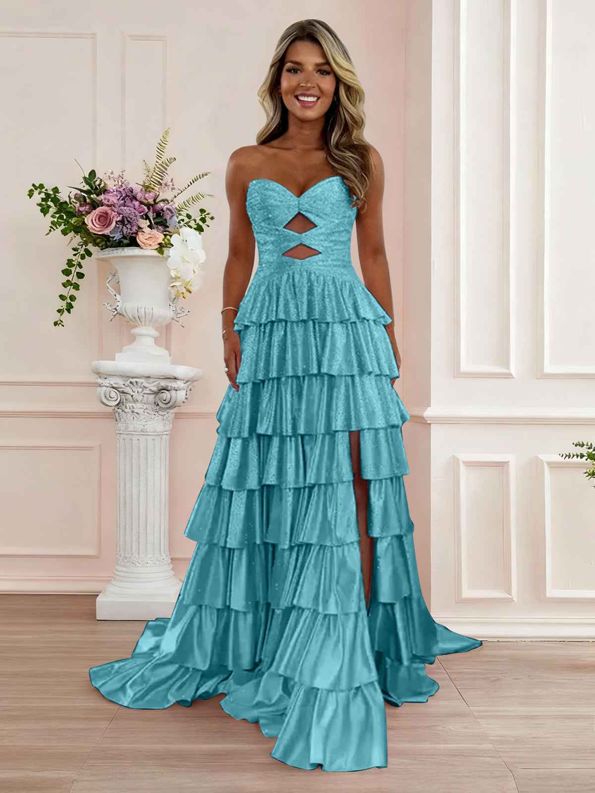 A Line Strapless Sweetheart Satin Prom Dress with Keyhole