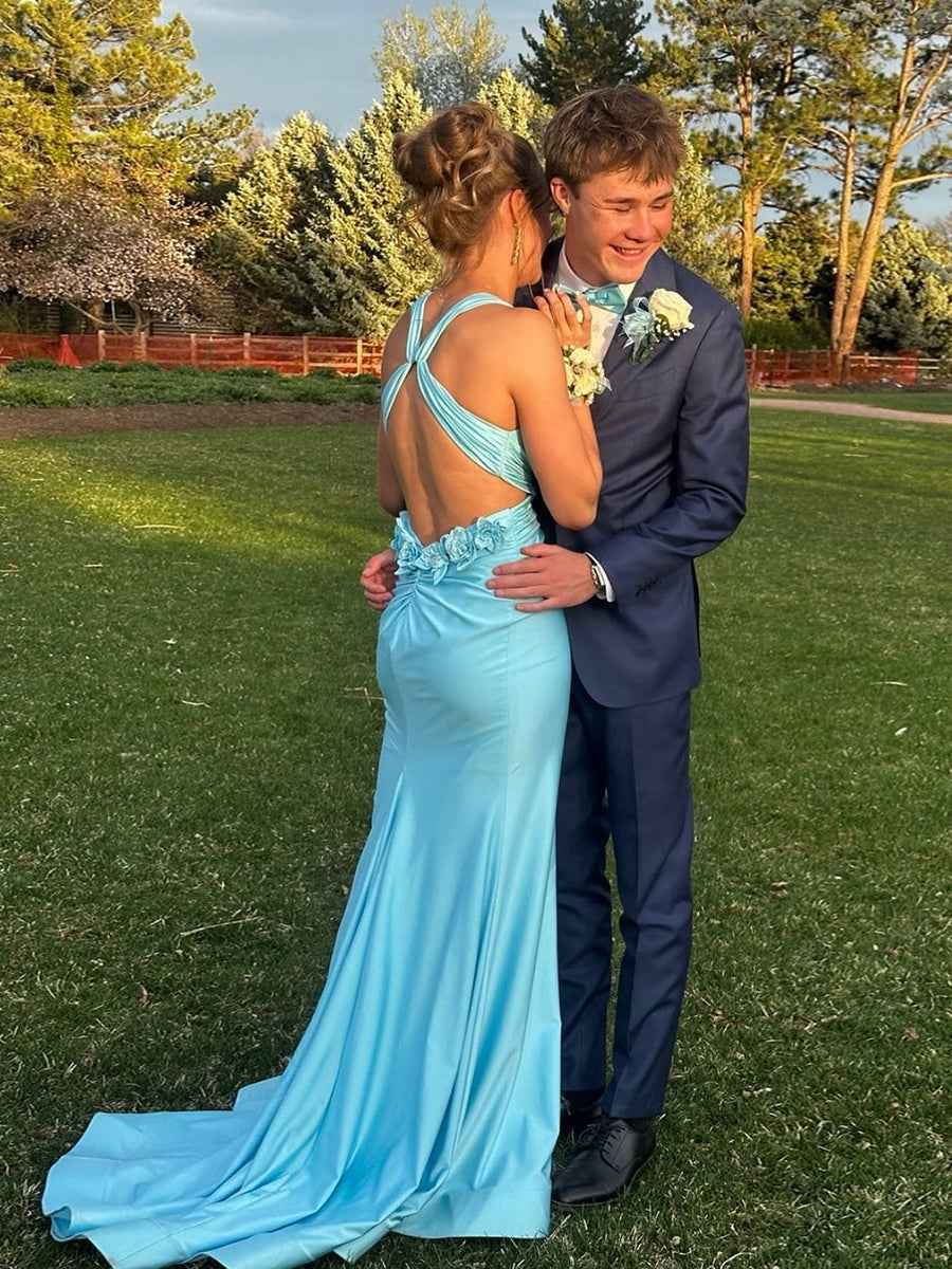 Turquoise Halter V-Neck Side Waist Cutouts Prom Dress with High Slit