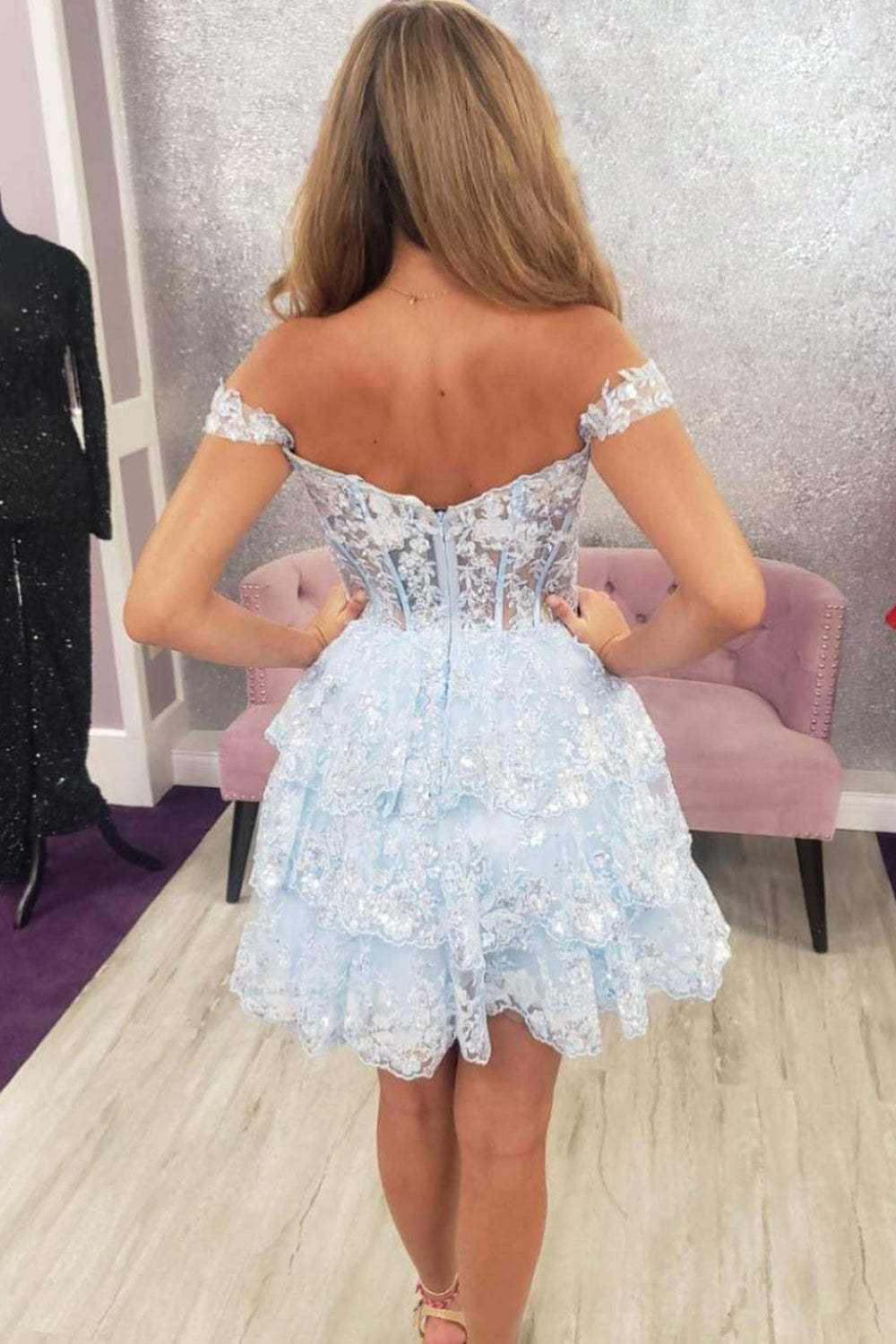 Unique A Line Off the Shoulder Red Corset Homecoming Dress with Ruffles