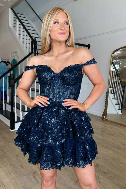 Sparkly Light Blue A Line Off the Shoulder Corset Homecoming Dress with Tiered Lace