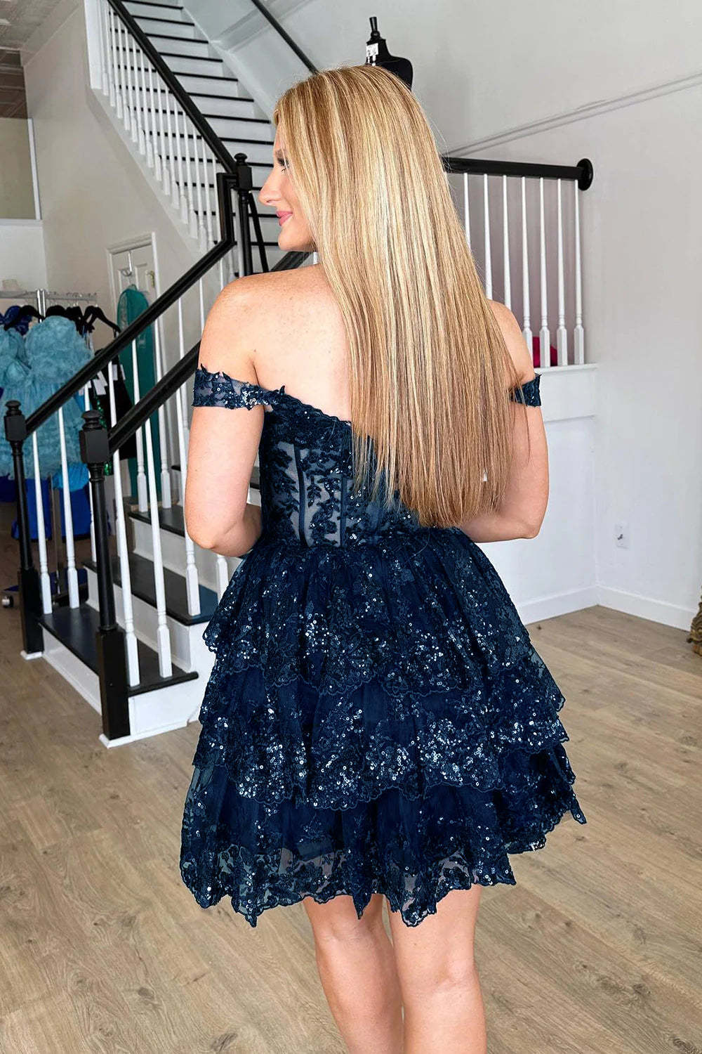 Sparkly Light Blue A Line Off the Shoulder Corset Homecoming Dress with Tiered Lace