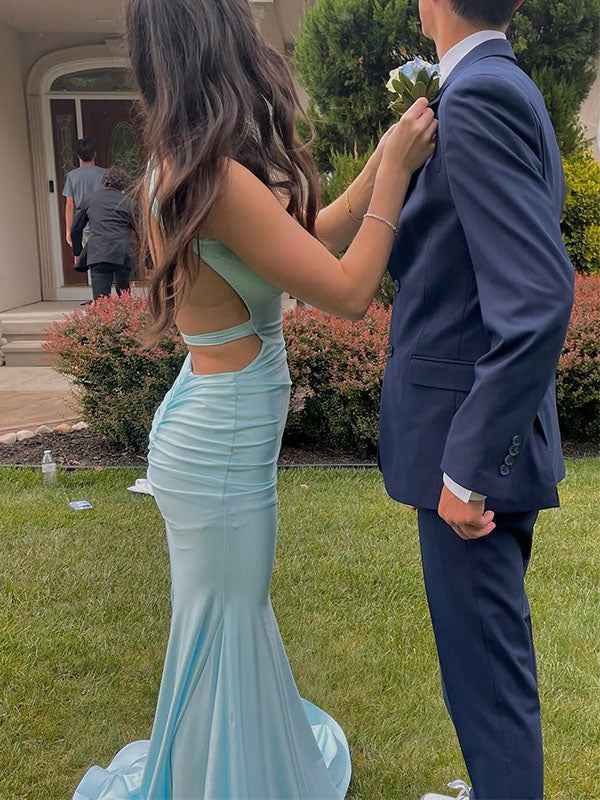 V Neck Mermaid Satin Long Prom Dress with Side Cutouts
