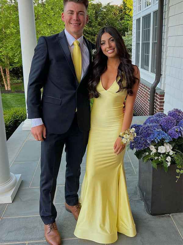 V Neck Mermaid Satin Long Prom Dress with Side Cutouts