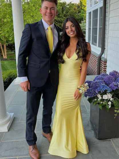 V Neck Mermaid Satin Long Prom Dress with Side Cutouts