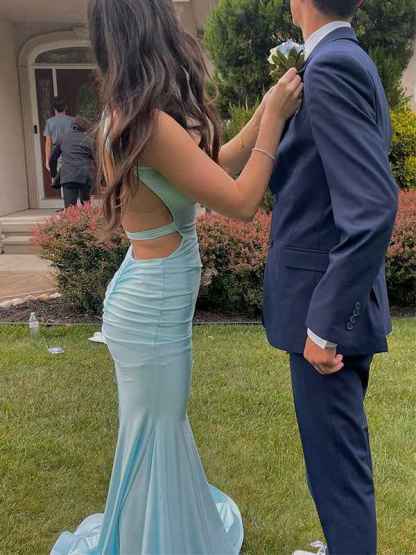 V Neck Mermaid Satin Long Prom Dress with Side Cutouts