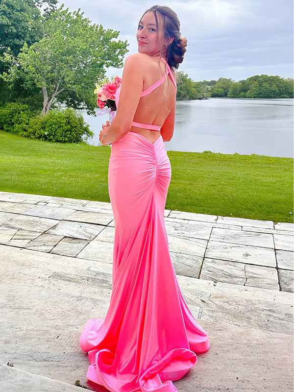 V Neck Mermaid Satin Long Prom Dress with Side Cutouts