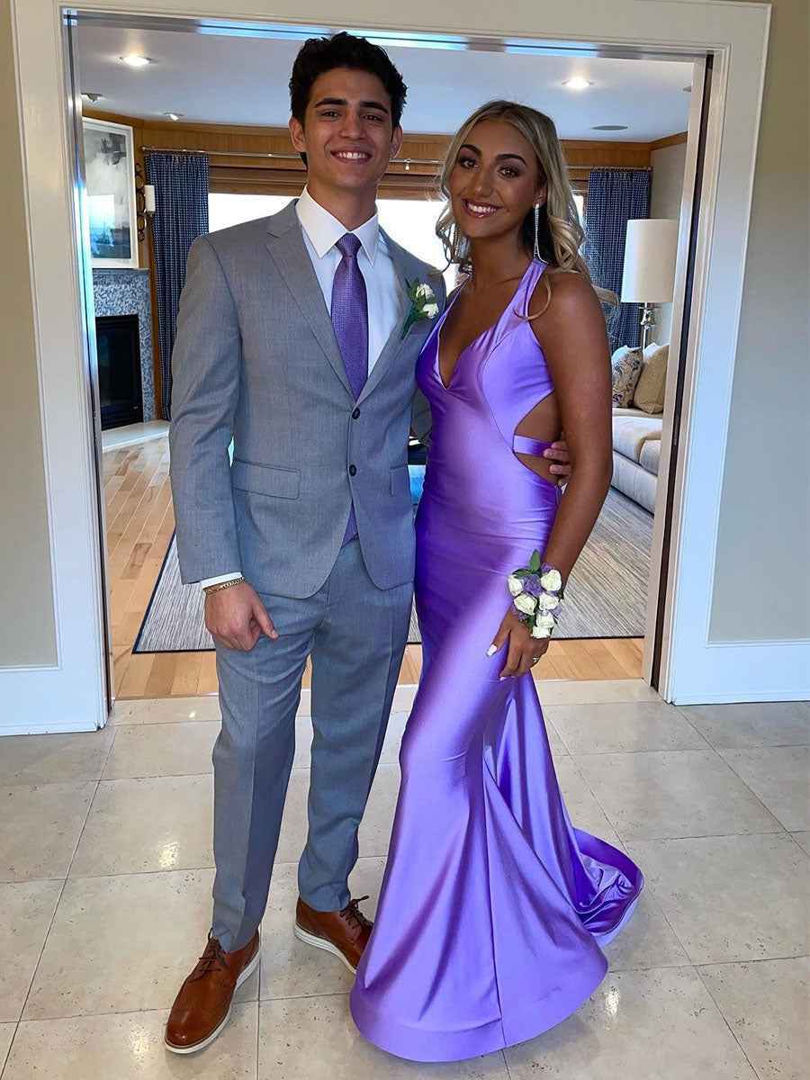 V Neck Mermaid Satin Long Prom Dress with Side Cutouts