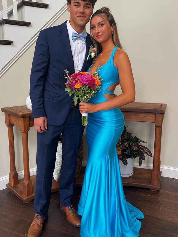 V Neck Mermaid Satin Long Prom Dress with Side Cutouts