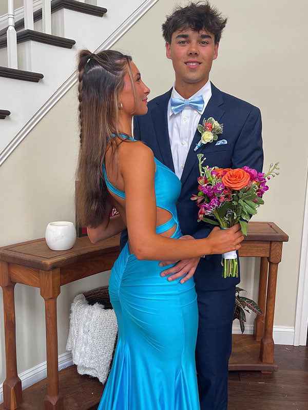 V Neck Mermaid Satin Long Prom Dress with Side Cutouts