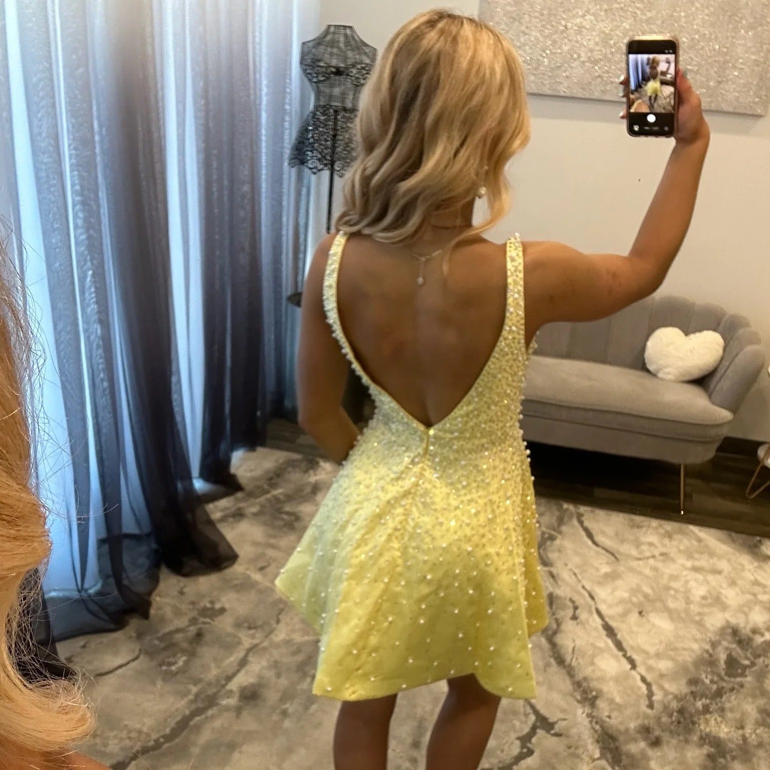 V Neck Open Back Pearl Beaded Homecoming Dress Thick Strap Satin A-Line Mini Skirt