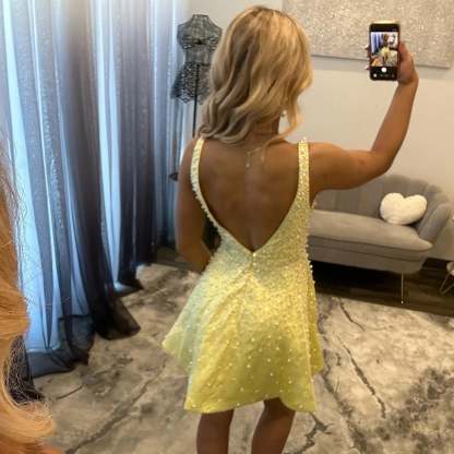 V Neck Open Back Pearl Beaded Homecoming Dress Thick Strap Satin A-Line Mini Skirt