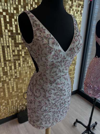V-Neck Spaghetti Straps Rhinestone Homecoming Dress Baroque Scroll Bodycon Mini Open Back