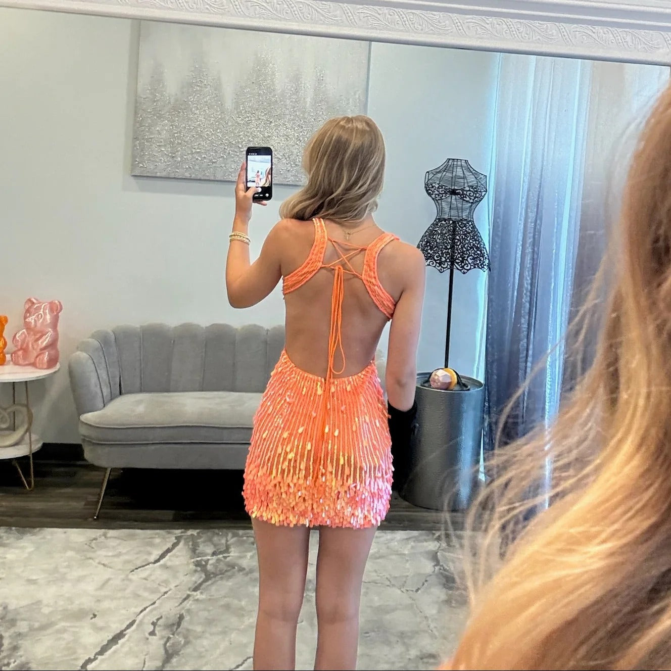 V-Neck Spaghetti Straps Sequin Homecoming Dress Open Back Bodycon Mini Sunburst