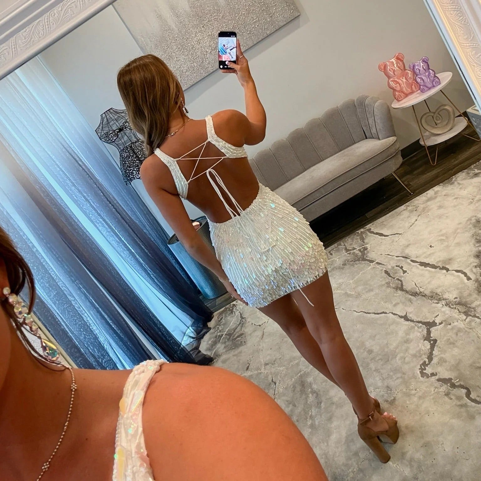 V-Neck Spaghetti Straps Sequin Homecoming Dress Open Back Bodycon Mini Sunburst