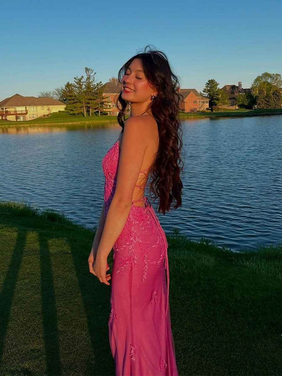 V-Neck Lace Appliques Mermaid Long Prom Dress