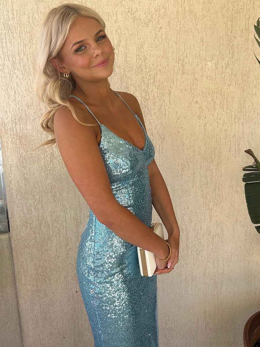 V-Neck Mint Sequin Mermaid Long Prom Dress with Slit