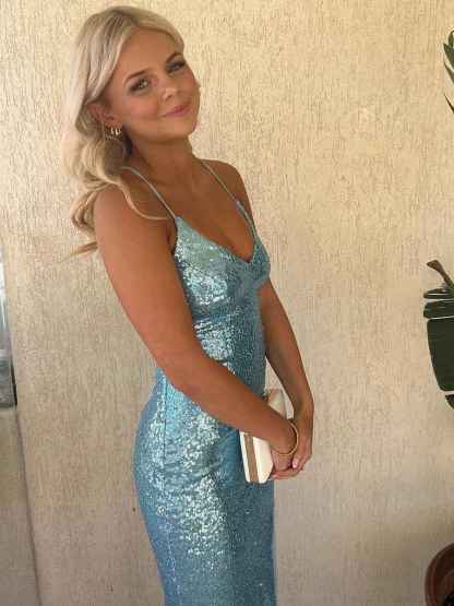 V-Neck Mint Sequin Mermaid Long Prom Dress with Slit