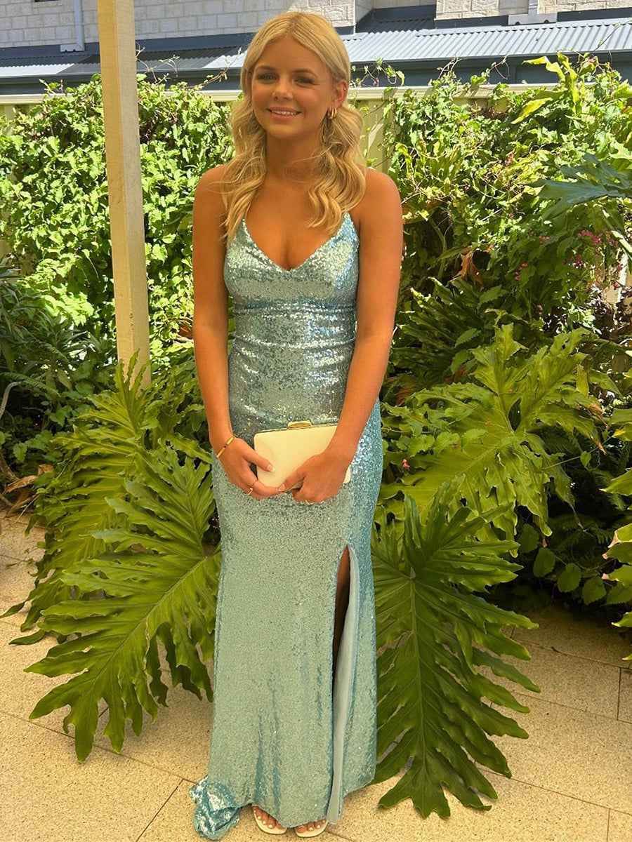 V-Neck Mint Sequin Mermaid Long Prom Dress with Slit