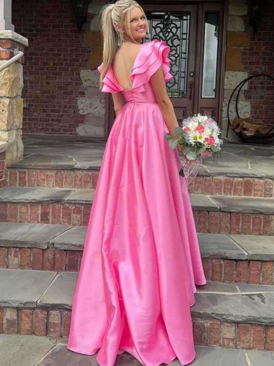 V-Neck Ruffle A-Line Long Prom Dress with Slit