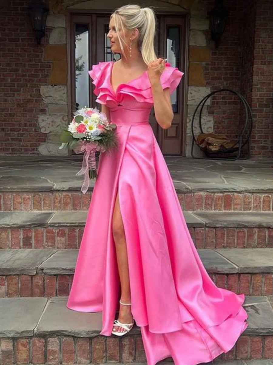 V-Neck Ruffle A-Line Long Prom Dress with Slit