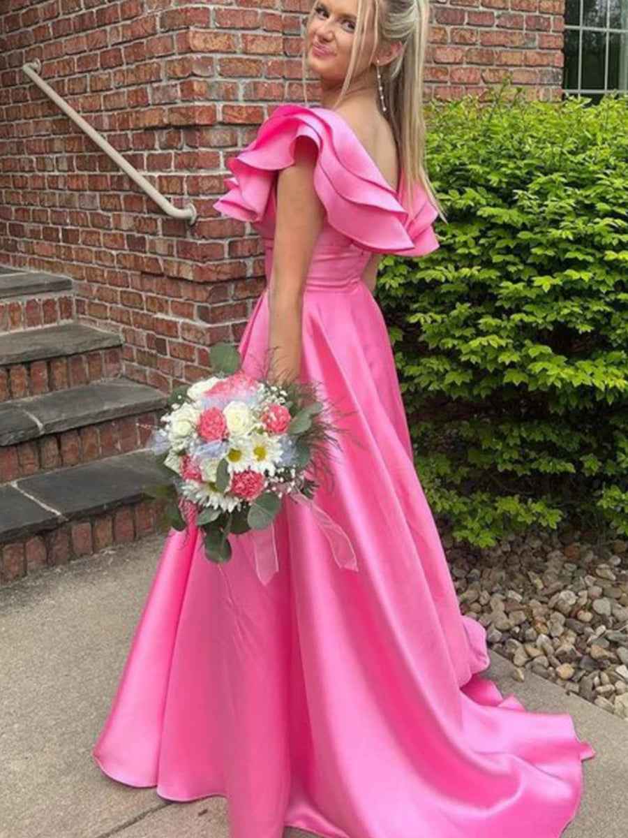 V-Neck Ruffle A-Line Long Prom Dress with Slit