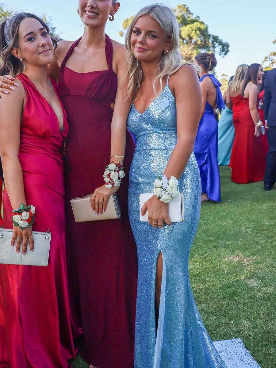 V-Neck Spaghetti Strap Sequin Long Prom Dress with Slit