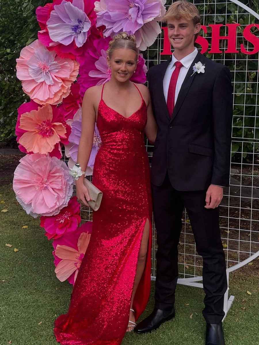 V-Neck Spaghetti Strap Sequin Long Prom Dress with Slit