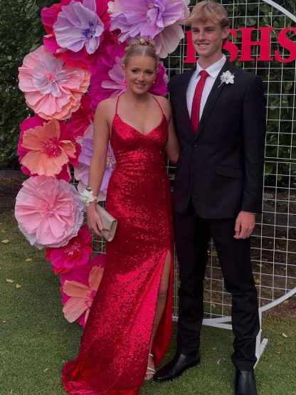 V-Neck Spaghetti Strap Sequin Long Prom Dress with Slit