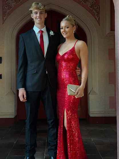 V-Neck Spaghetti Strap Sequin Long Prom Dress with Slit