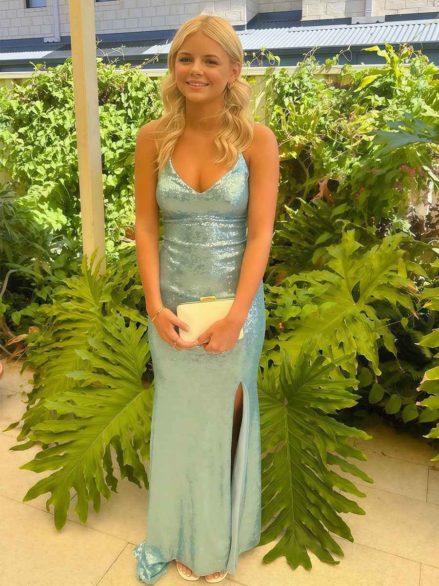 V-Neck Spaghetti Strap Sequin Long Prom Dress with Slit