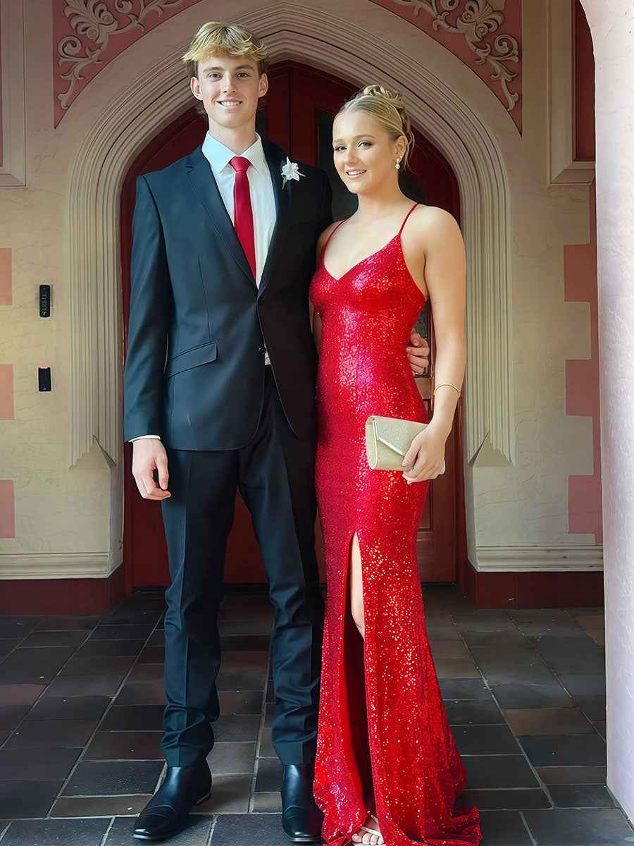 V-Neck Spaghetti Strap Sequin Long Prom Dress with Slit - BMBRIDAL